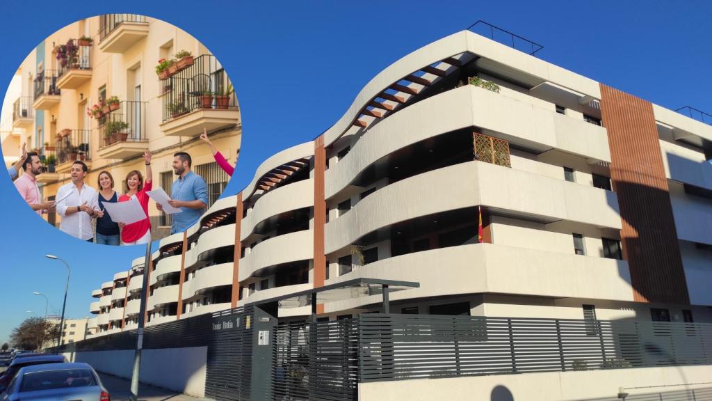 Montaje de viviendas (E.E.) con una reunión de vecinos.