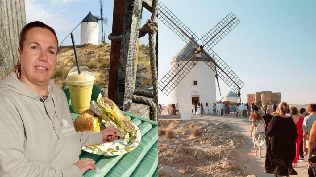 Emma y varias fotos de su bar dentro un molino.