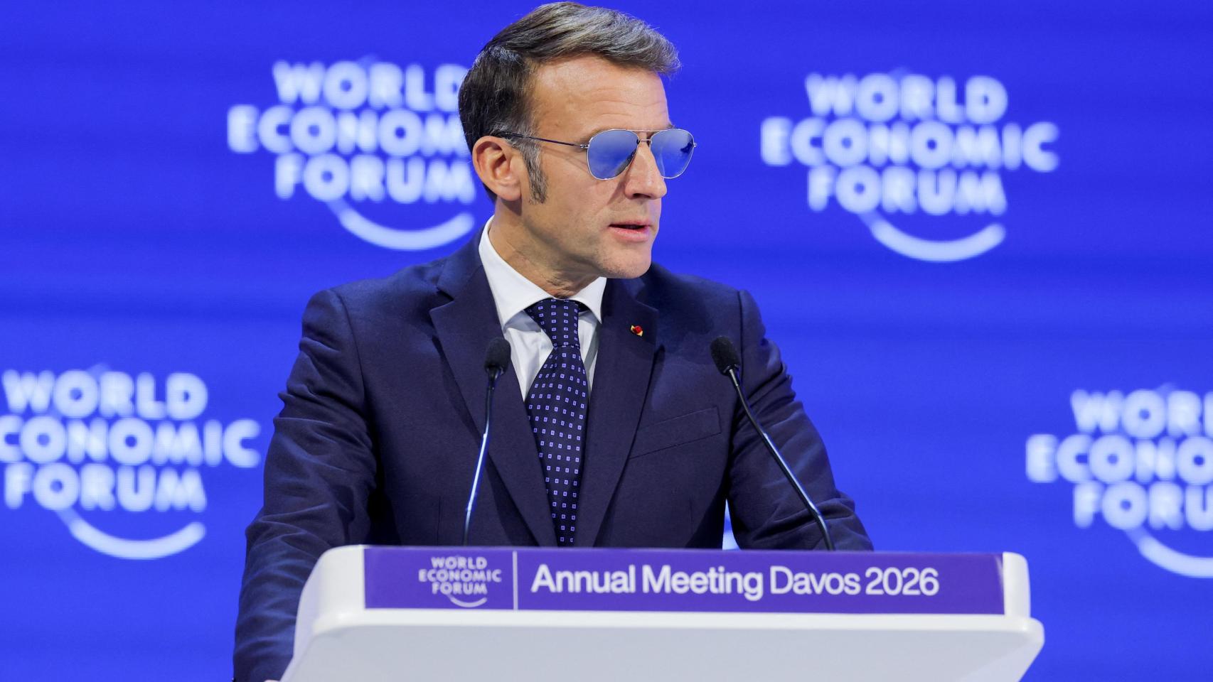 El presidente de Francia, Emmanuel Macron, durante su intervención en el Foro Económico Mundial en Davos, Suiza.
