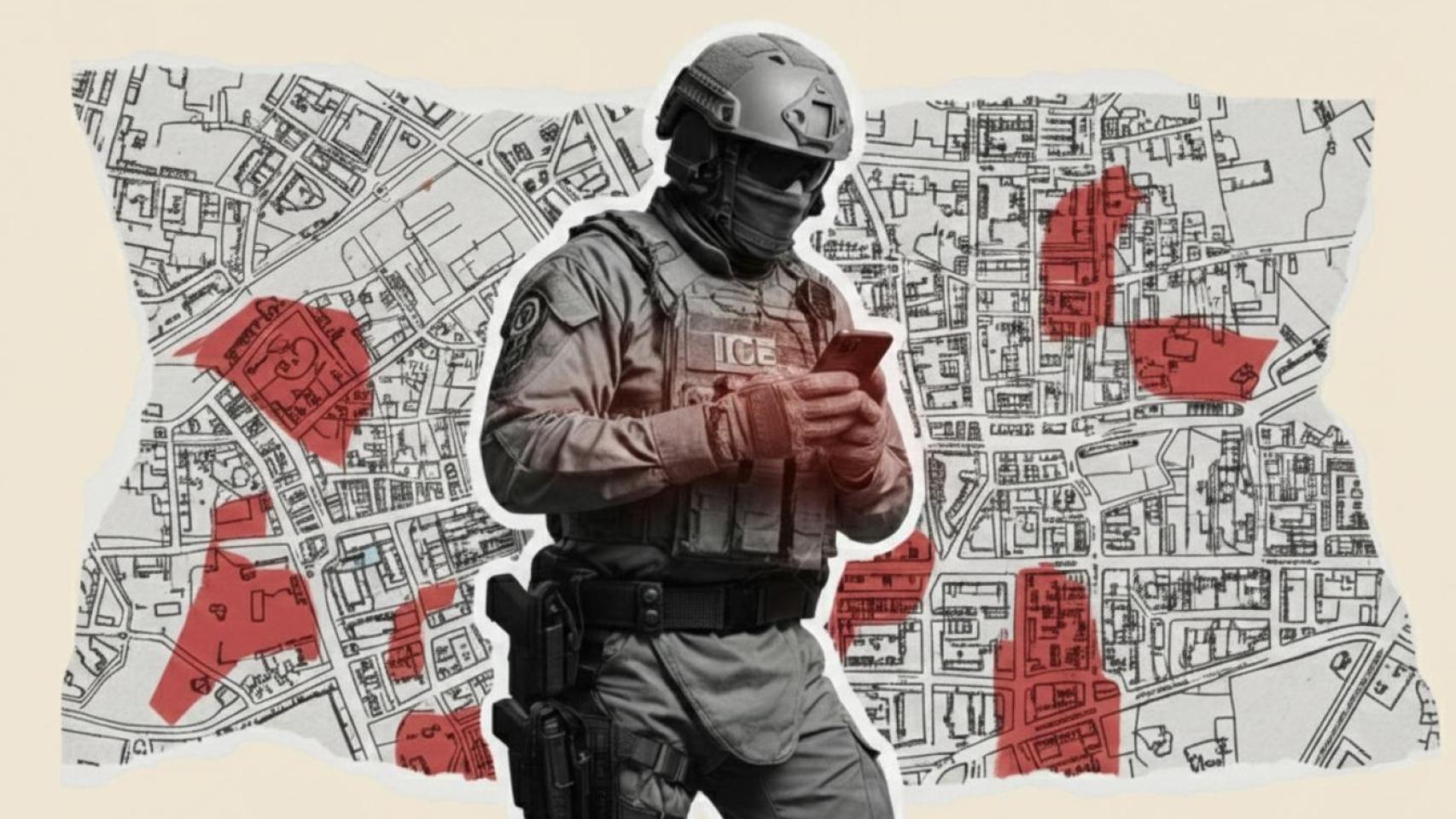 Montaje con un agente de ICE y un mapa.