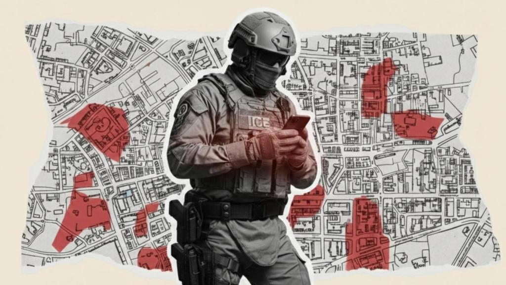 Montaje con un agente de ICE y un mapa.