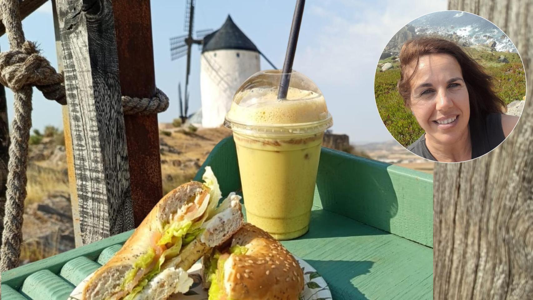 Emma y varias fotos de su bar dentro un molino.