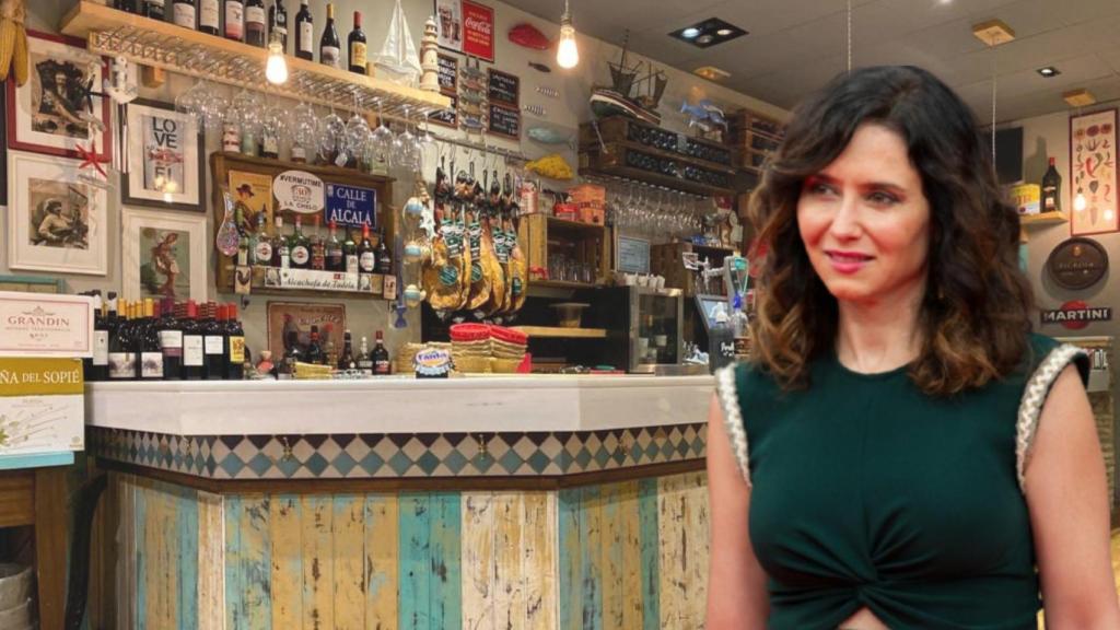 Isabel Díaz Ayuso y el bar que visitó en Zaragoza de fondo