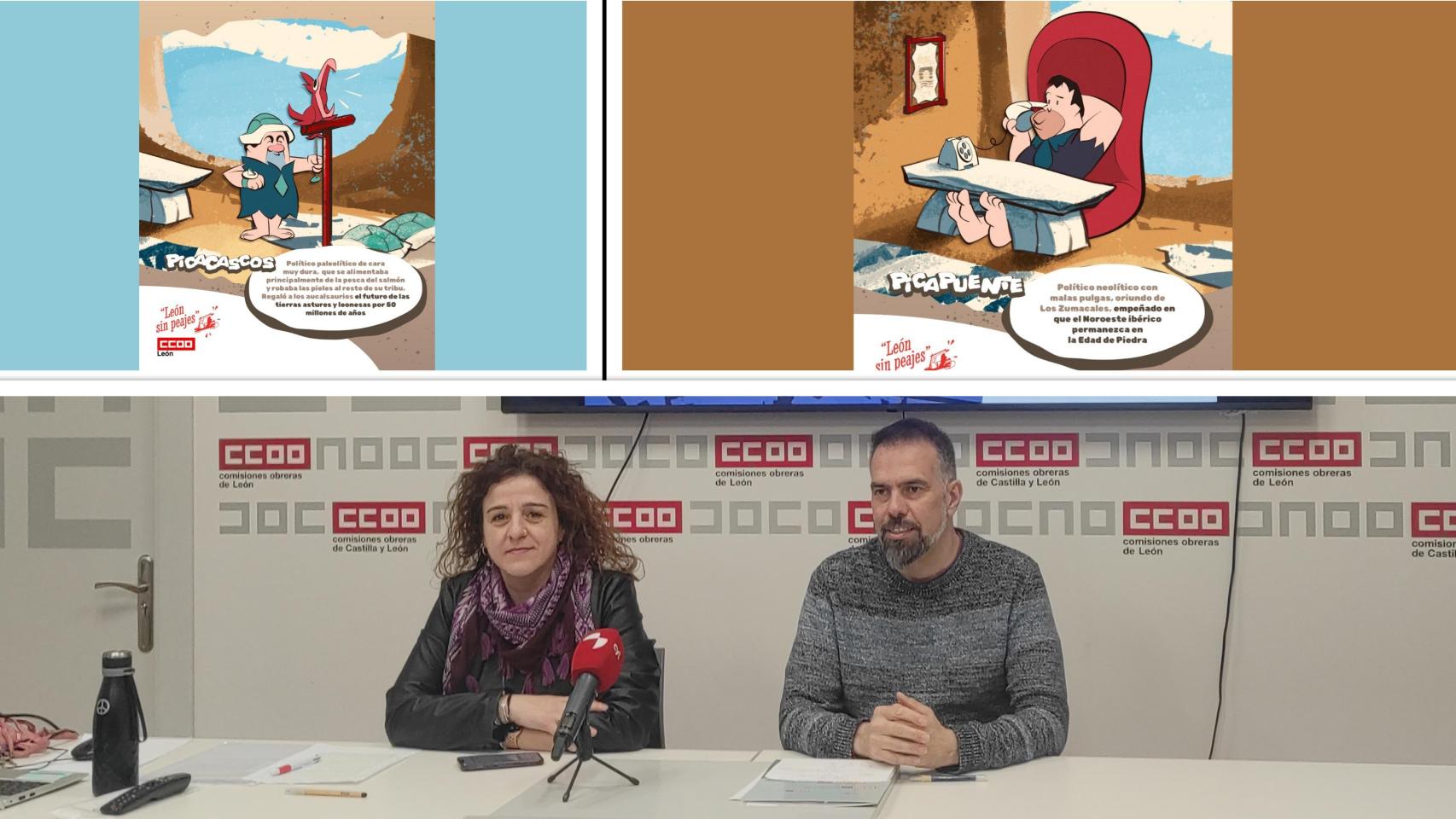 CCOO León y CCOO Asturias presentan una campaña contra el peaje del Huerna con ‘Picapuente’ y ‘Picacascos’ en la parte de arriba Cedidas
