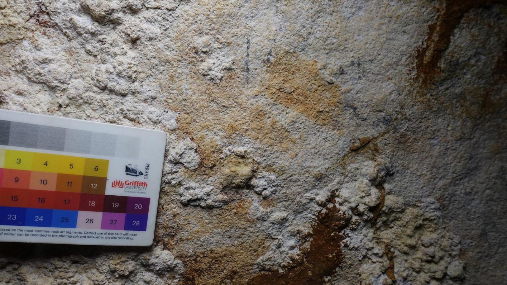 Contorno negativo de una mano humana creado al colocar una mano contra la superficie de una pared de roca y rociar pintura pigmentada alrededor de ella, que data de hace 67.800 años, en una cueva de piedra caliza llamada Liang Metanduno en Muna, una pequeña isla satélite frente a la península sureste de la isla indonesia de Sulawesi. Foto: Reuters