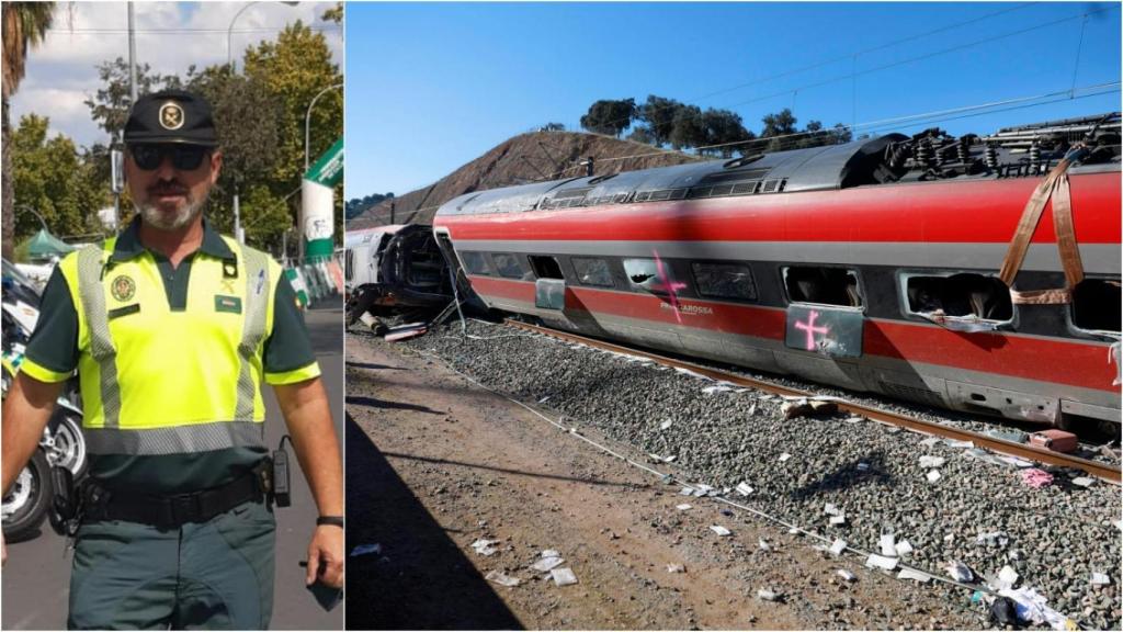 El cabo Francisco Montes de la Agrupación de Tráfico de la Guardia Civil, junto a los restos de uno de los dos trenes siniestrados en Adamuz.