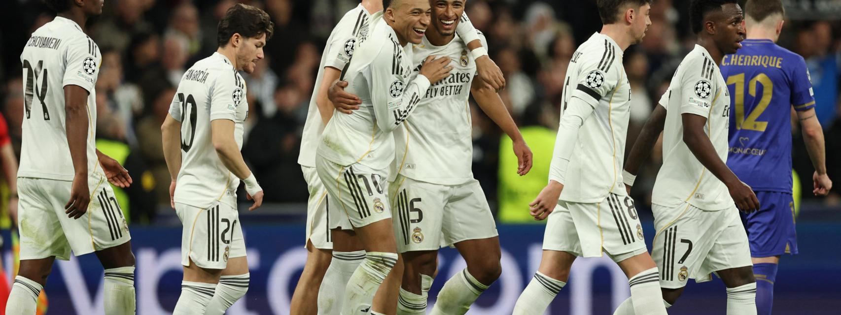 Los jugadores del Real Madrid celebran el gol de Bellingham en la victoria ante el Mónaco.