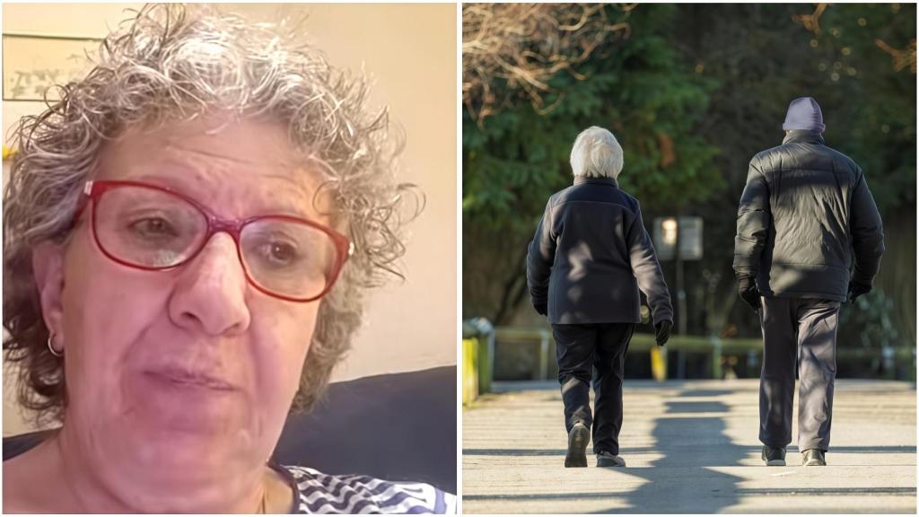 Montaje de Carmen Morera y una pareja de jubilados paseando.