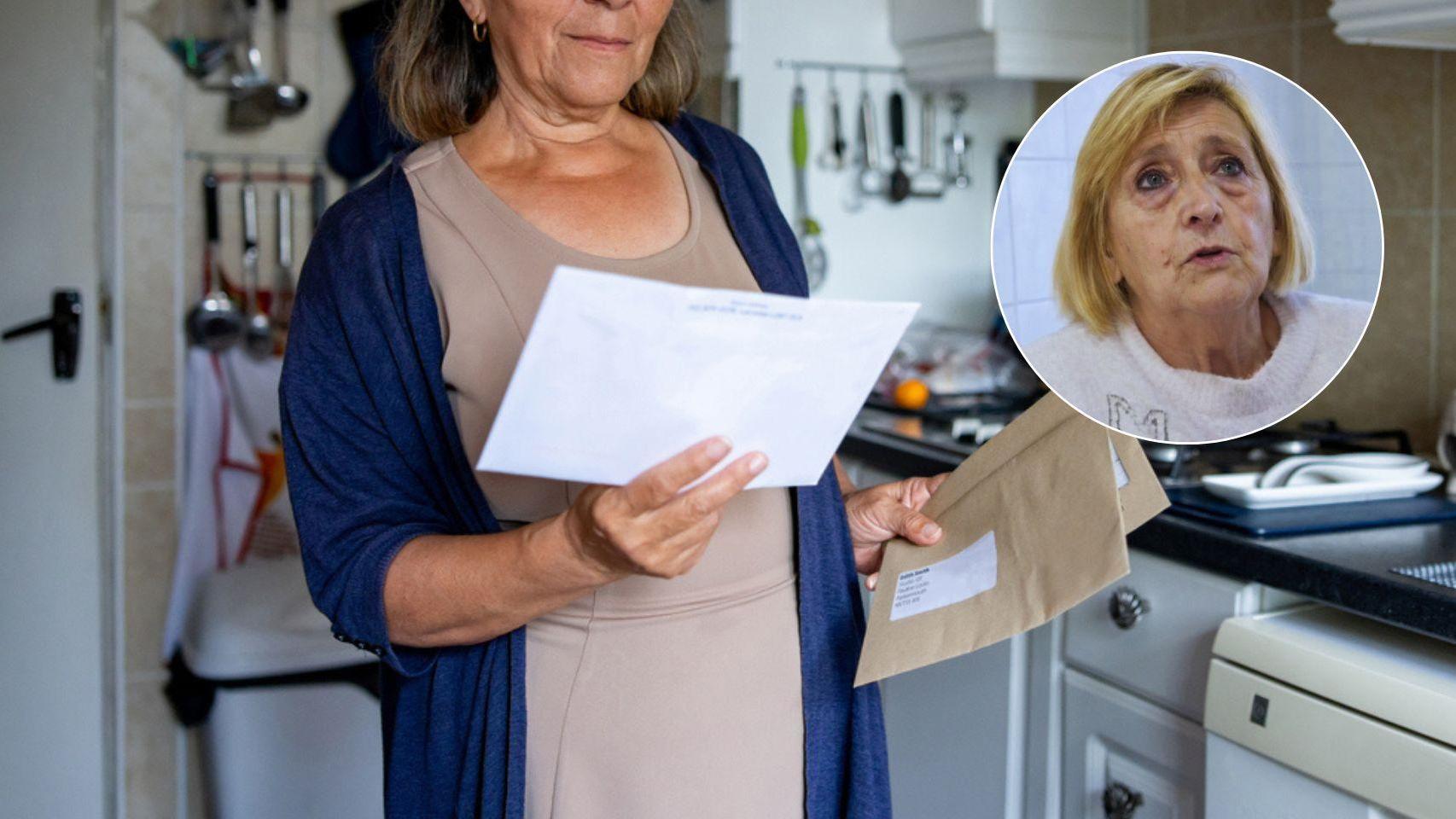 Una mujer revisando facturas en su casa y Blanca, pensionista.