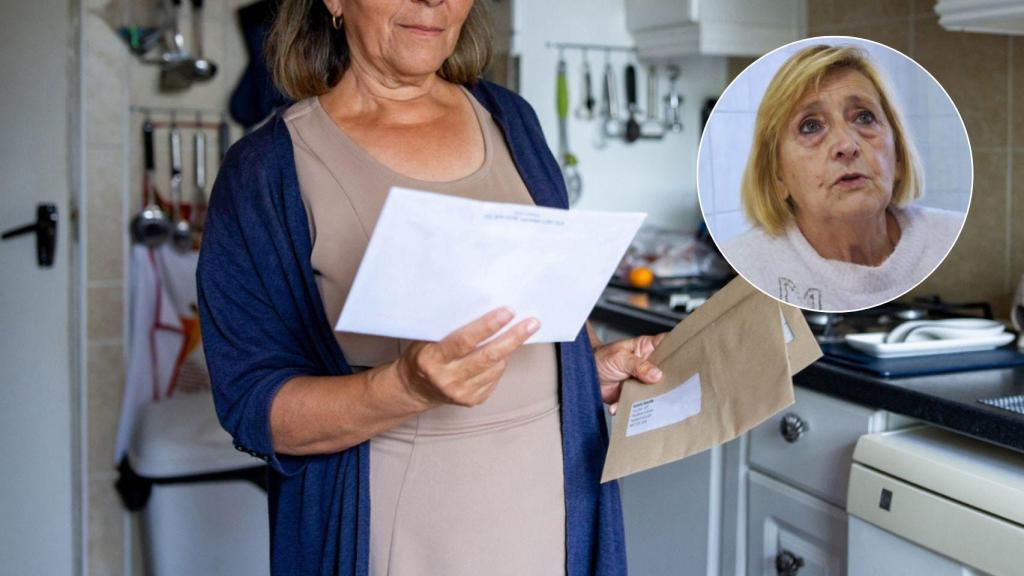 Una mujer revisando facturas en su casa y Blanca, pensionista.