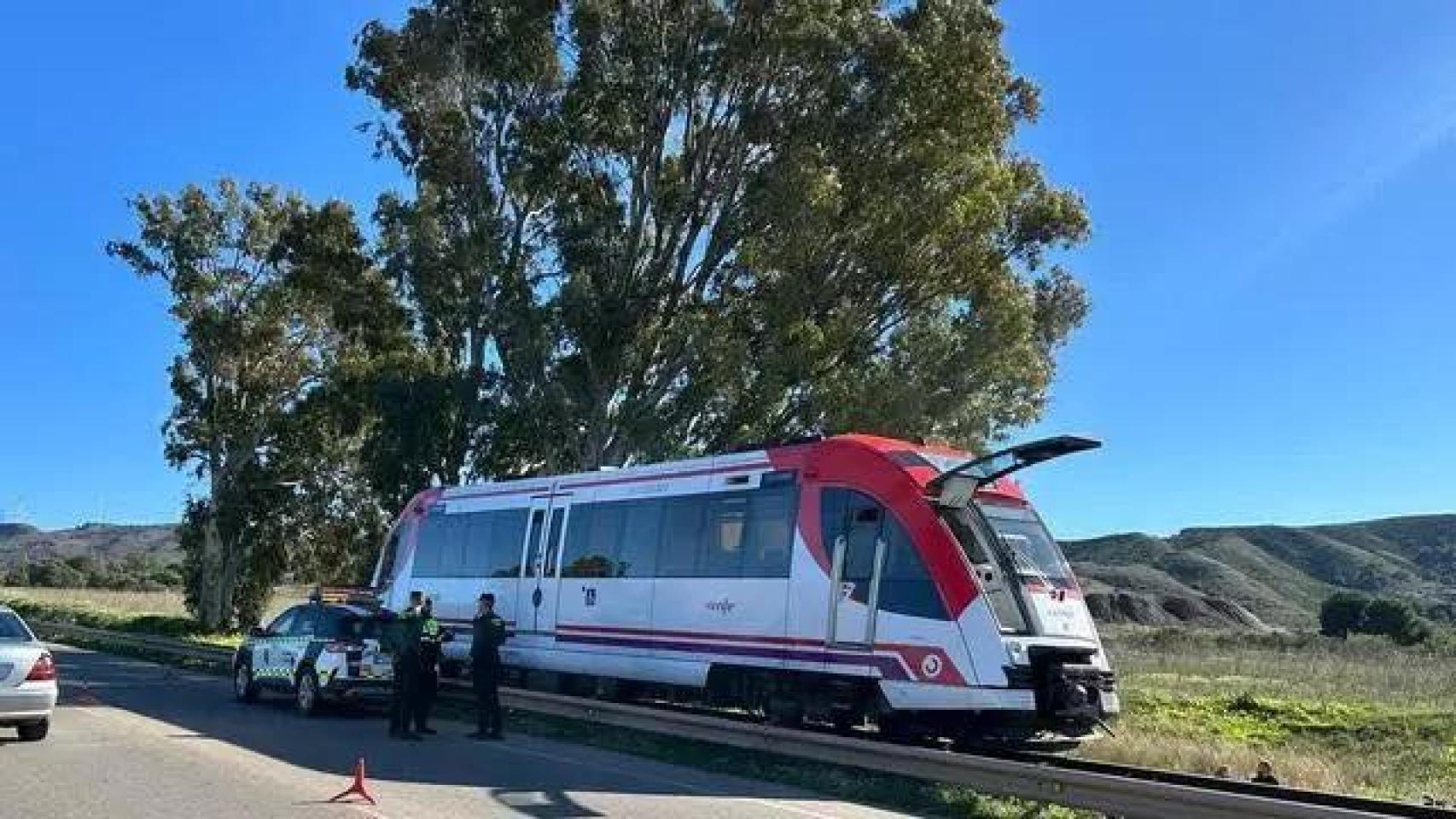 Una foto del tren detenido tras el impacto con una grúa en Los Partidarios (Cartagena).