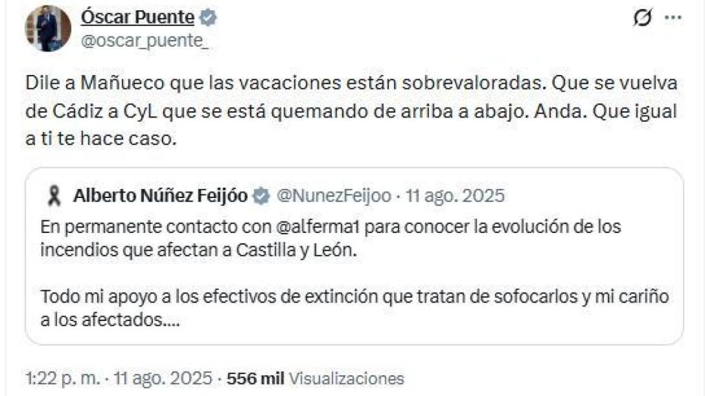 Tuit publicadoi por Óscar Puente el pasado 11 de agosto, durante la oleada de incendios forestales.