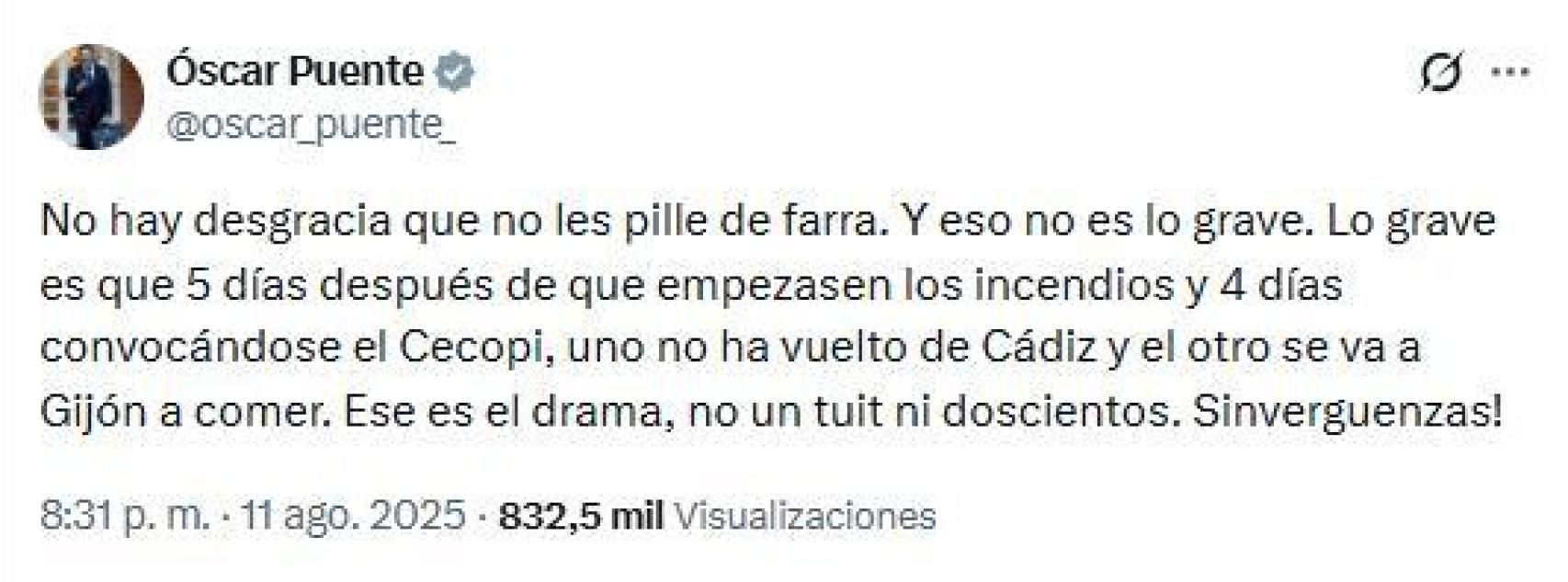 Tuit publicado por Óscar Puente el pasado 11 de agosto, durante la oleada de incendios forestales.