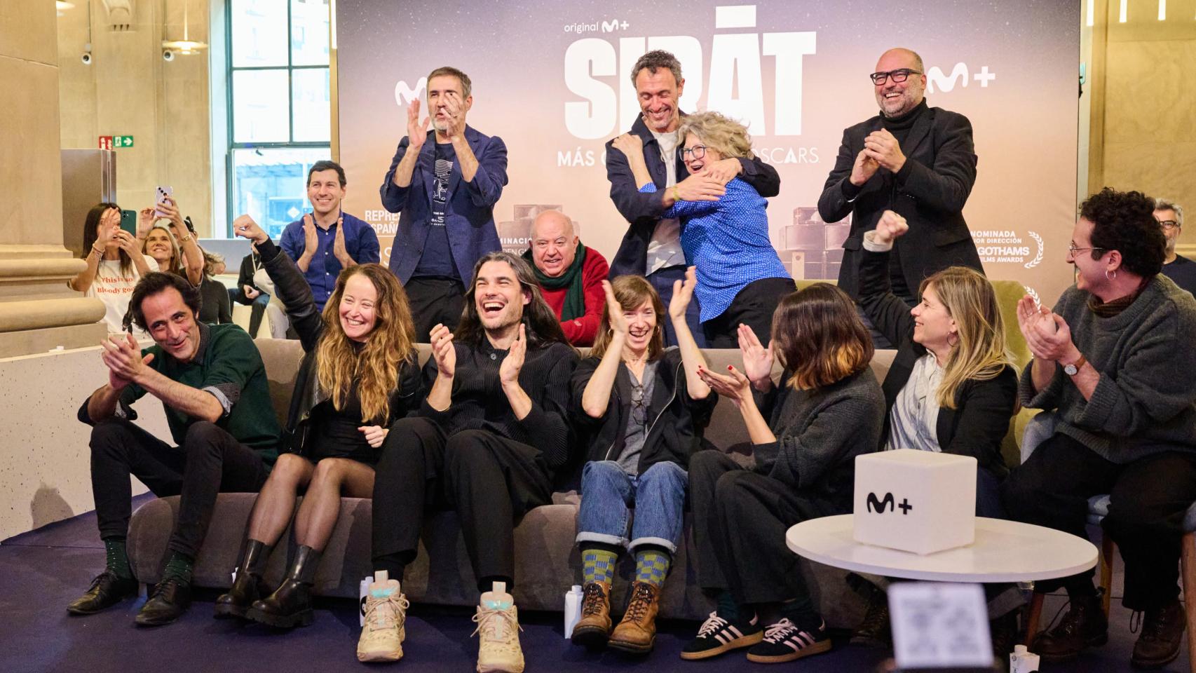 Oliver Laxe y su equipo celebran las dos nominaciones a los Oscar, este jueves en el Espacio Movistar de Madrid. Foto: Mista