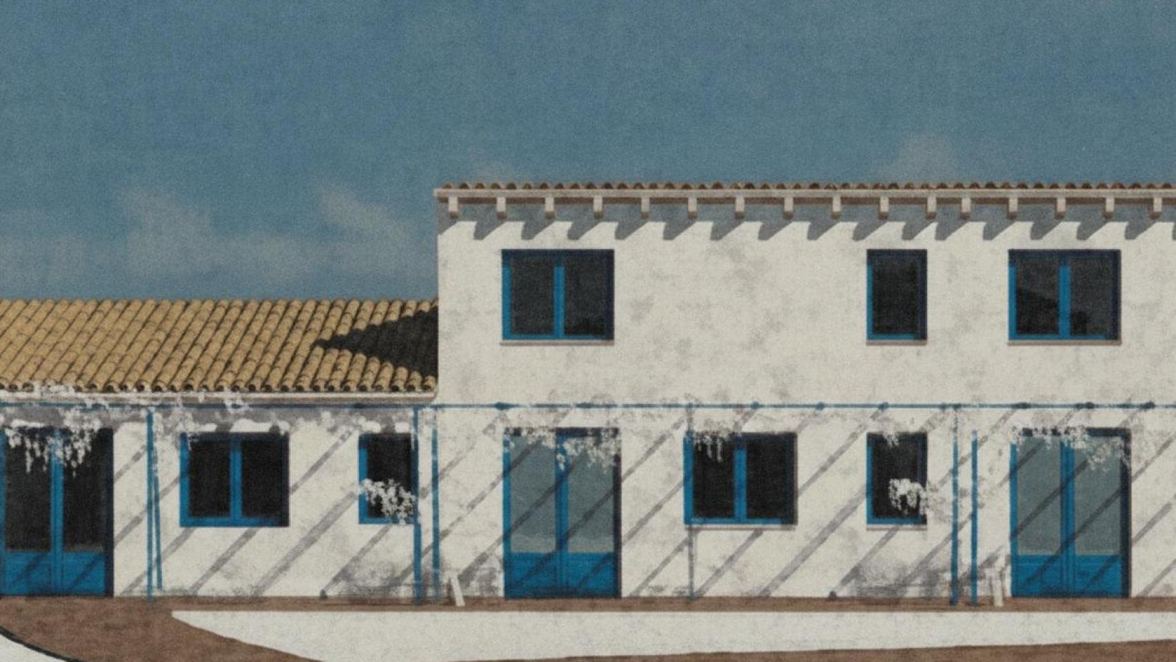 El proyecto recrea un espacio de hospedaje compuesto por habitaciones y apartamentos que integran la estética manchega en tonos azul y blanco.