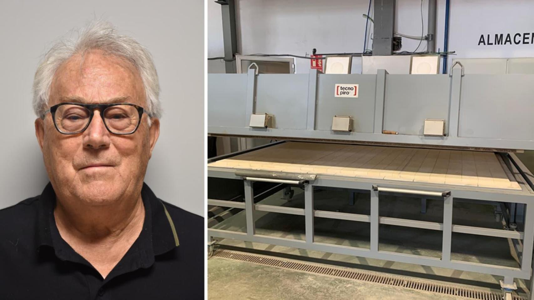 Francisco Pardo y maquinaría con la que crean las lápidas en su empresa de El Altet.