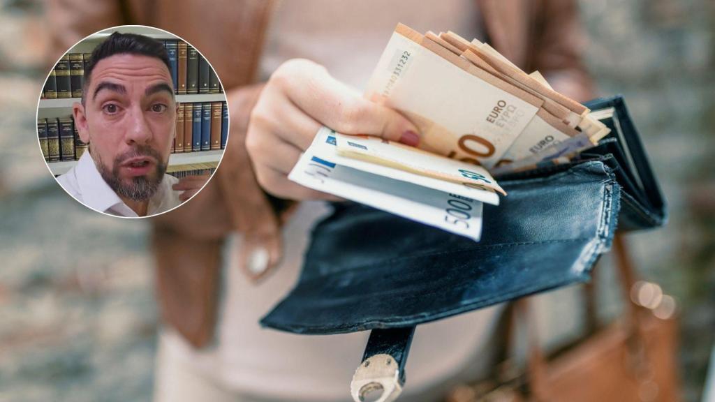 El abogado David Jiménez y una mujer sosteniendo una cartera con dinero.