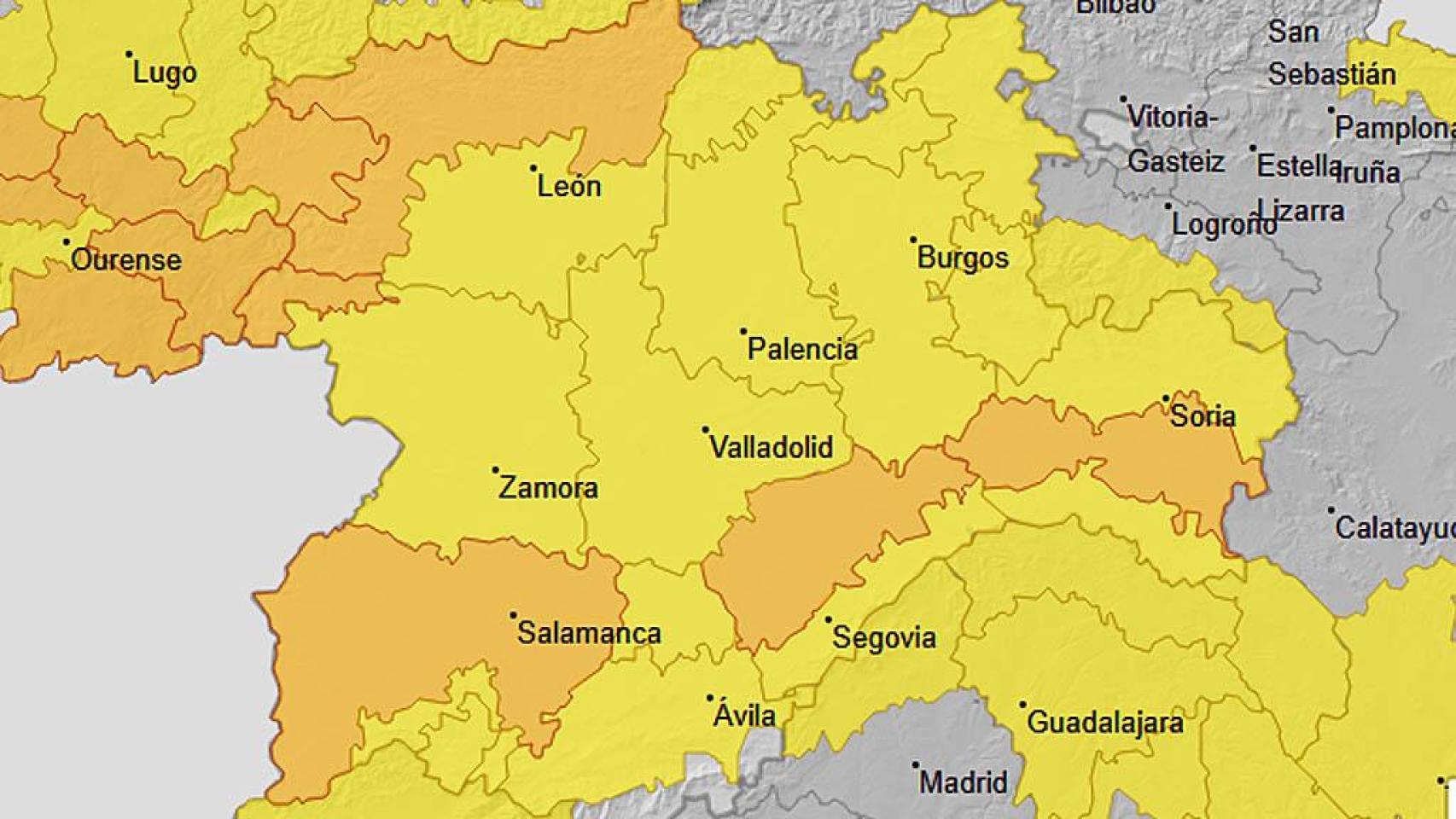 Imagen de los avisos naranjas y amarillos en Castilla y León.
