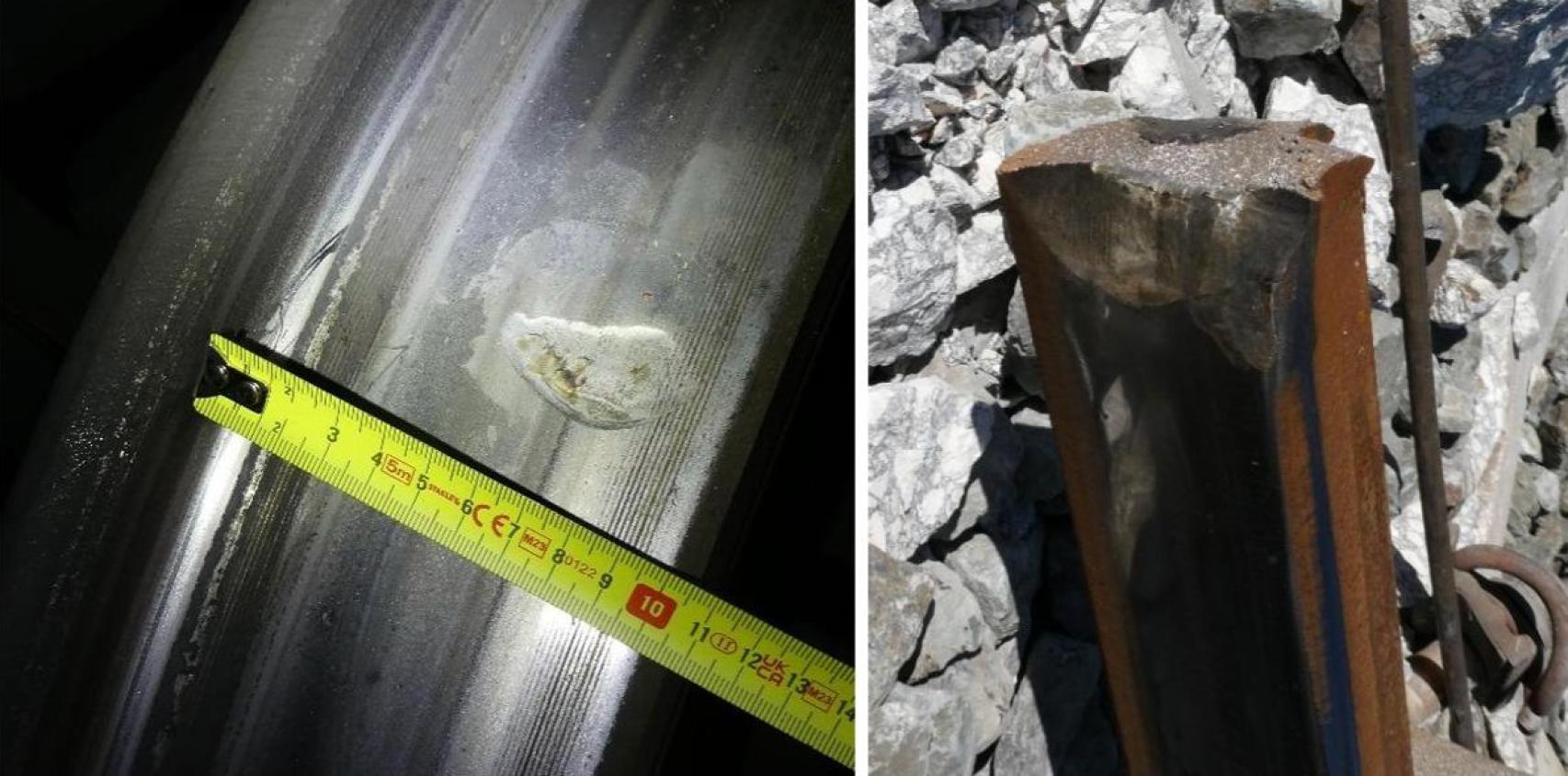 Muescas presentes en la rueda derecha del eje 13 del Iryo (coche 4) y psobile punto de colisión con la cabeza del carril.