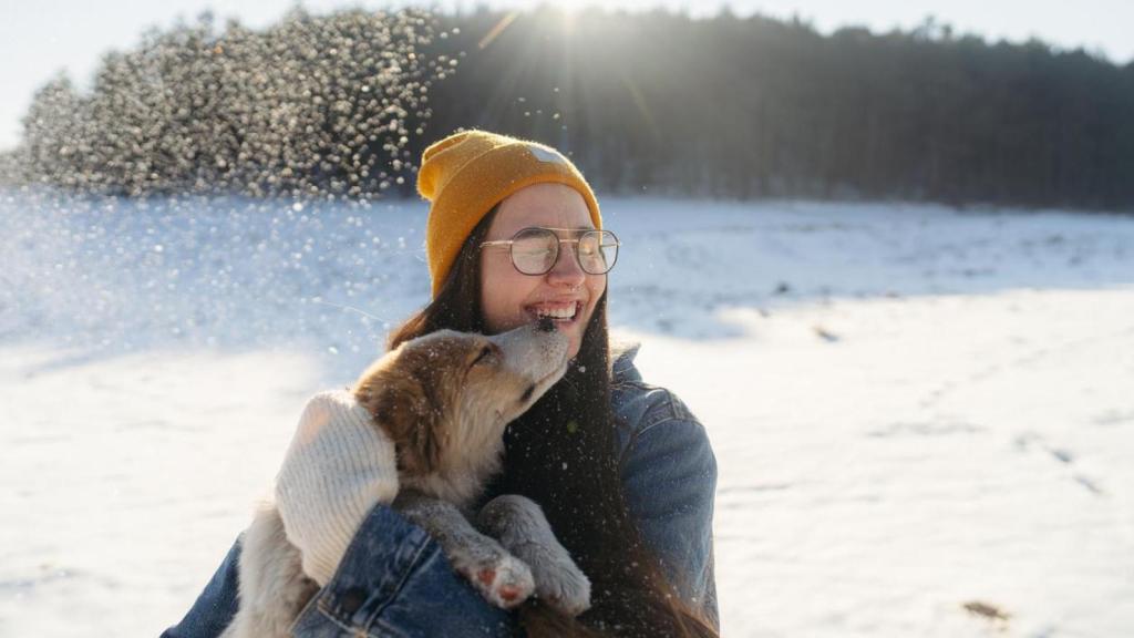 Un perro con una chica en la nieve.