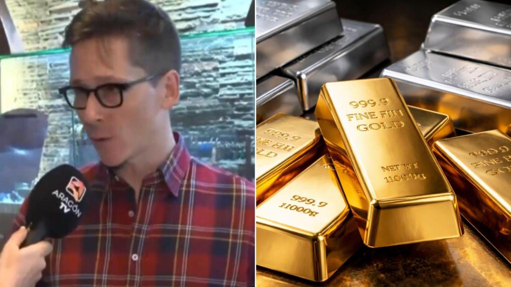 Javier Monge (izquierda), lingotes de oro y plata hechos con IA a modo de escenificación del artículo