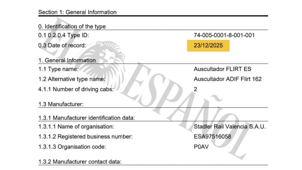 Homologación de la UE de los trenes auscultadores Stadler, que fueron licitados en 2019, fechada el 23 de diciembre de 2025.