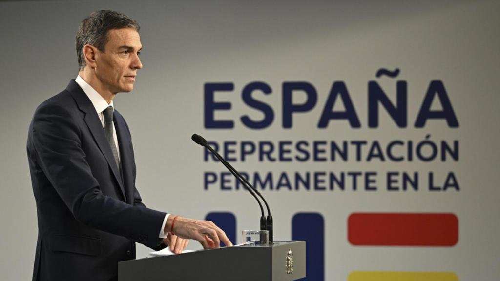 El presidente del Gobierno, Pedro Sánchez, durante la rueda de prensa ofrecida tras el Consejo Europeo Informal celebrado este jueves en Bruselas.
