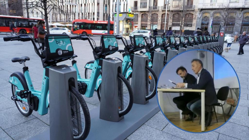 Una estación de Bizi, en Zaragoza, y en pequeño imágenes de la reunión de la plataforma este jueves.