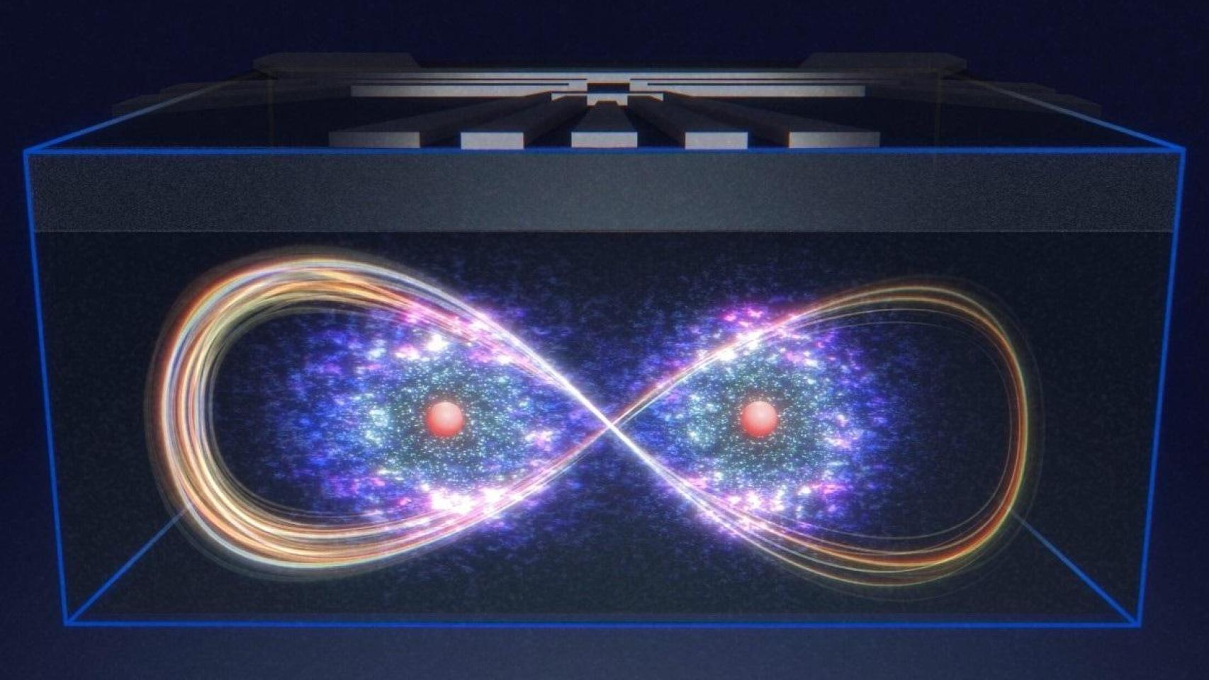 Impresión artística de dos espines nucleares, entrelazados remotamente a través de la puerta geométrica aplicada mediante el electrón.