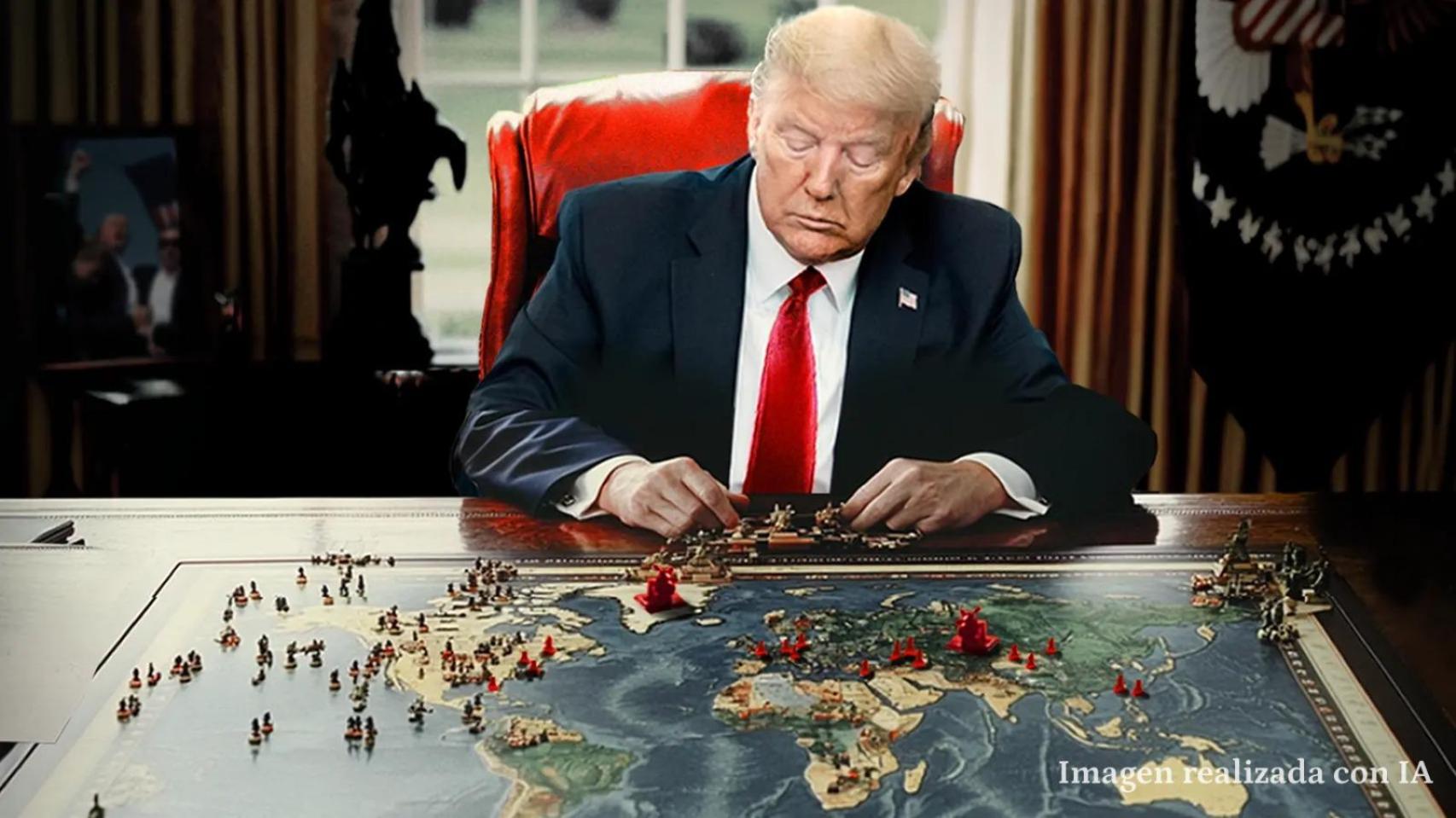 Ilustración realizada con IA de Donald Trump jugando al Risk en el Despacho Oval.