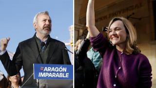 Jorge Azcón y Pilar Alegría, este viernes, en sus primeros actos de campaña.