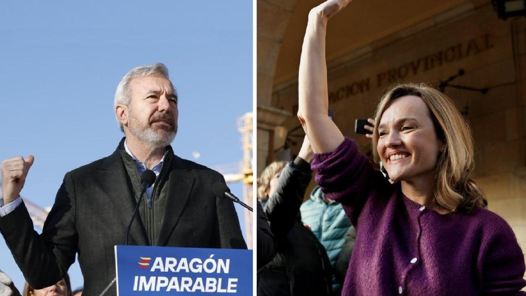 Jorge Azcón y Pilar Alegría, este viernes, en sus primeros actos de campaña.