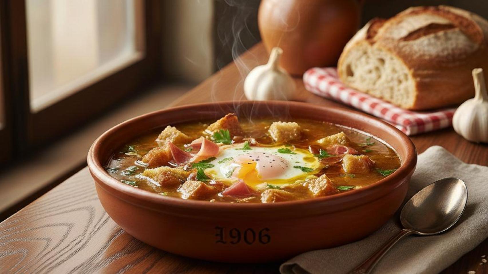 Sopa de ajo con huevos fritos casera.