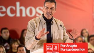 El presidente del Gobierno, Pedro Sánchez, este domingo en un acto de campaña de las elecciones aragonesas en Huesca.