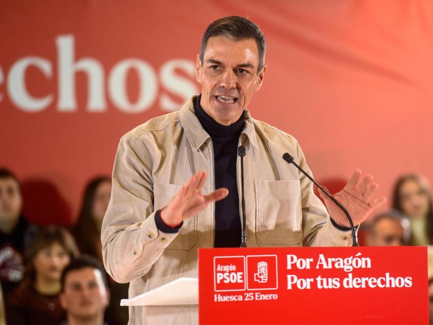 El presidente del Gobierno, Pedro Sánchez, este domingo en un acto de campaña de las elecciones aragonesas en Huesca.