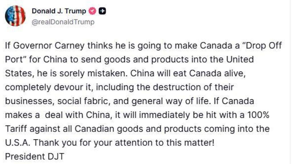 Mensaje del Presidente estadounidense, Donald Trump, en Truth Social.