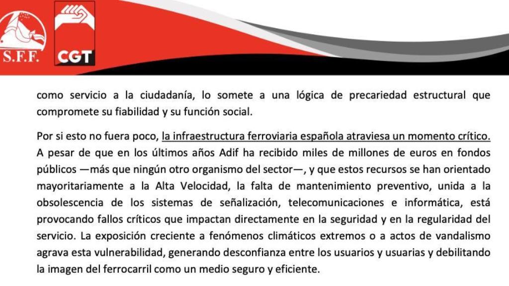 Trecho de carta enviada pela CGT a Oscar Puente, à qual o EL ESPAÑOL teve acesso.