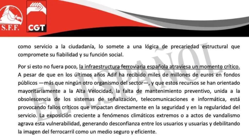 Fragmento de la carta remitida por CGT a Óscar Puente a la que ha tenido acceso EL ESPAÑOL.