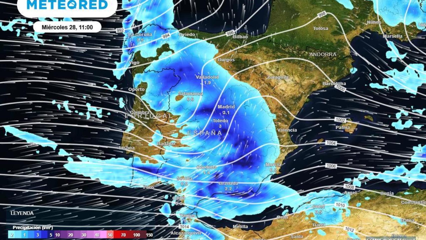 Mapa de las previsiones de las lluvias de Meteored para esta semana.
