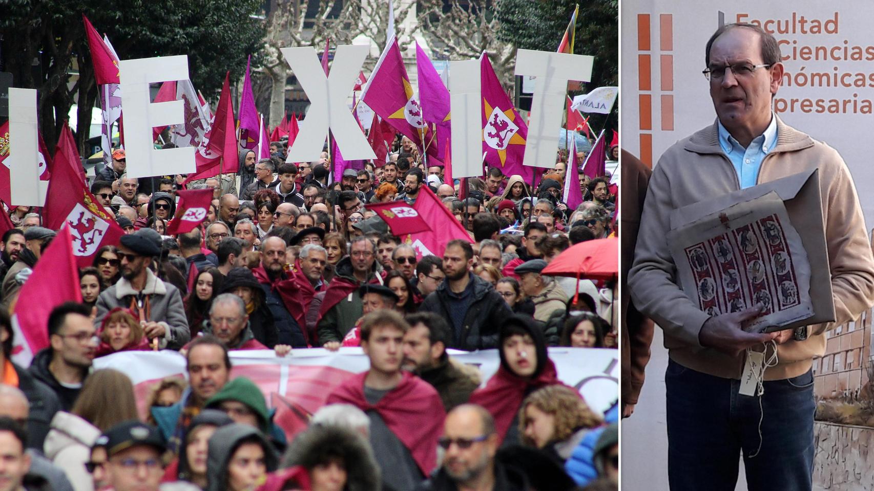 Una manifestación leonesista en febrero de 2025 y una imagen del profesor de Economía Julio Lago, en un montaje de EL ESPAÑOL