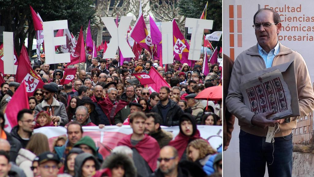 Una manifestación leonesista en febrero de 2025 y una imagen del profesor de Economía Julio Lago, en un montaje de EL ESPAÑOL