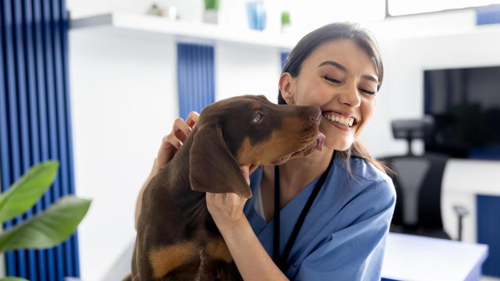 Una veterinaria con un perro.