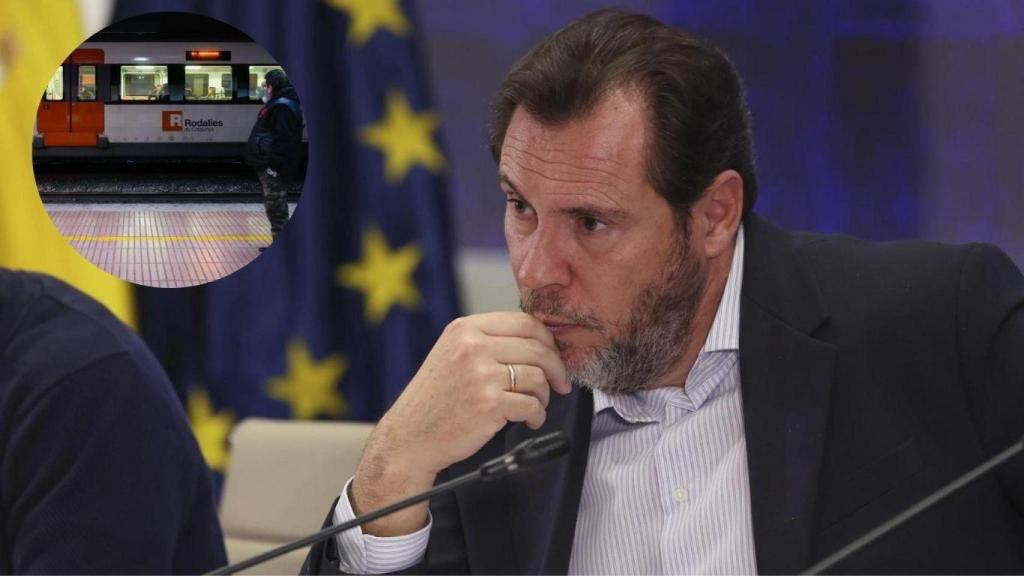 Óscar Puente, ministro de Transportes, y un montaje de un tren de Rodalies.