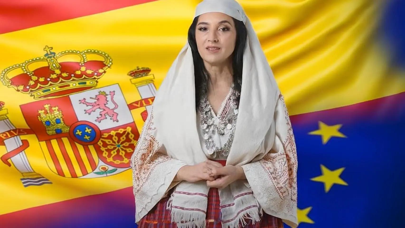 Montaje realizado con IA de la 'ministra albanesa' Diella con las banderas de España y Europa.