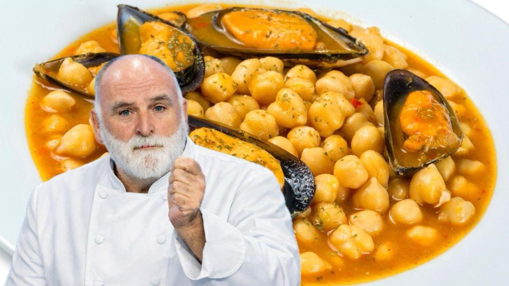 José Andrés junto a un plato de garbanzos.