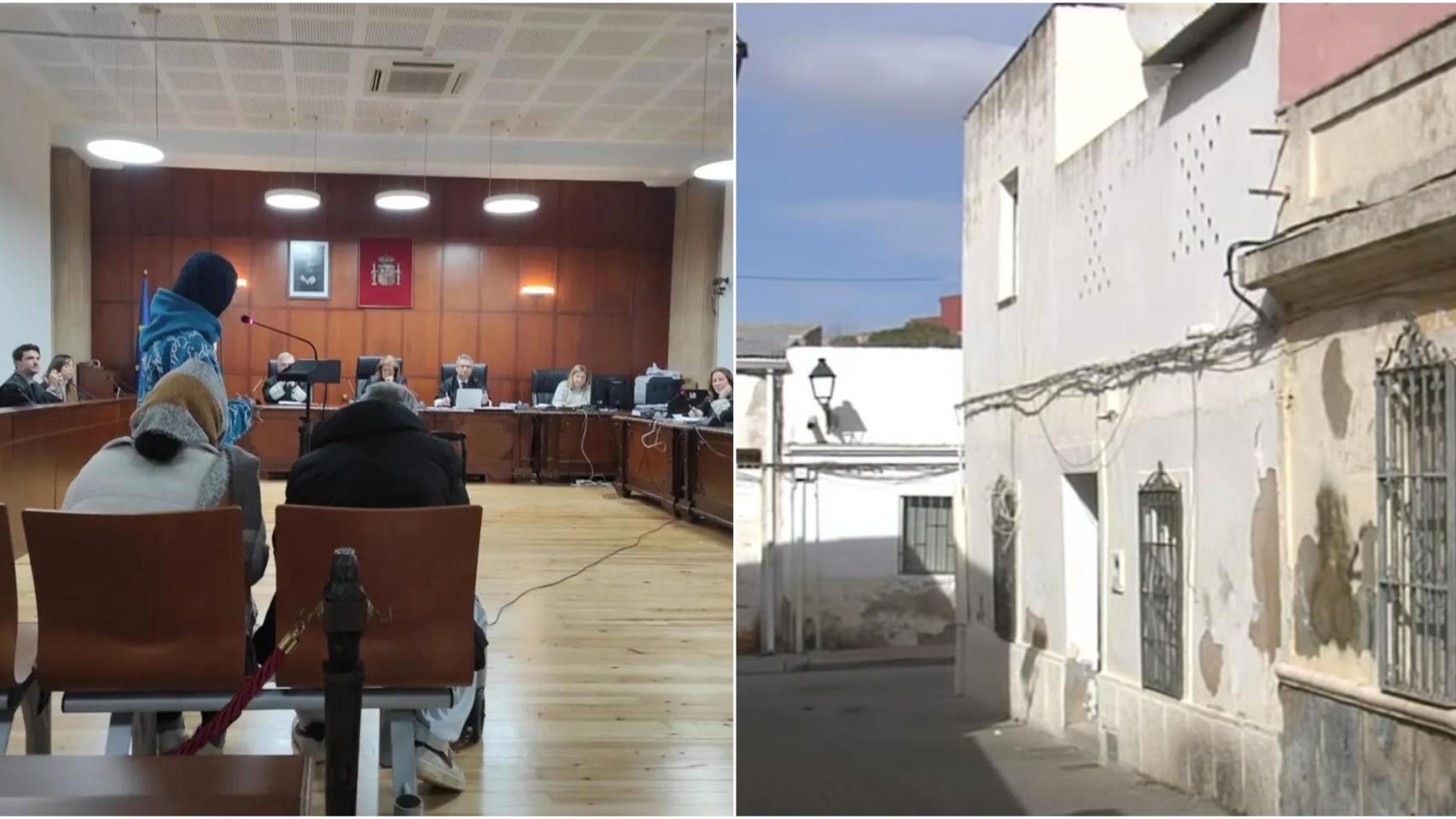 En la primera imagen, los acusados declaran en la Audiencia Provincial de Jaén. En la segunda, imagen de la vivienda donde se produjeron los hechos.
