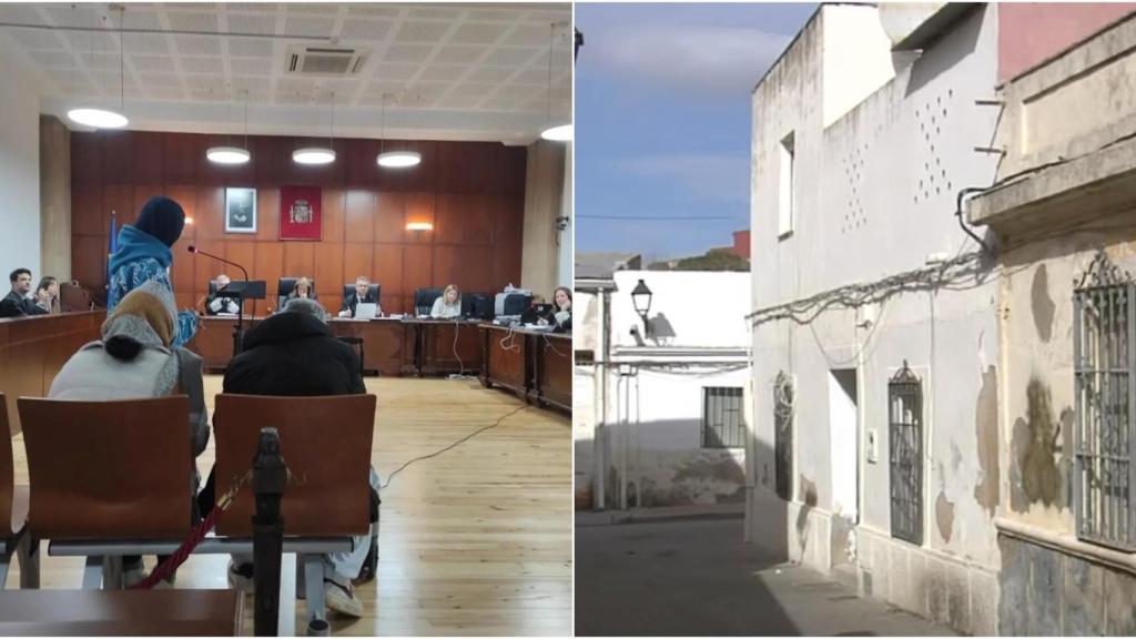 En la primera imagen, los acusados declaran en la Audiencia Provincial de Jaén. En la segunda, imagen de la vivienda donde se produjeron los hechos.