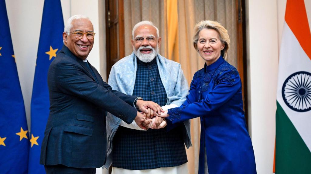 António Costa, Narendra Modi y Ursula von der Leyen celebran la conclusión del acuerdo de libre comercio entre India y la UE