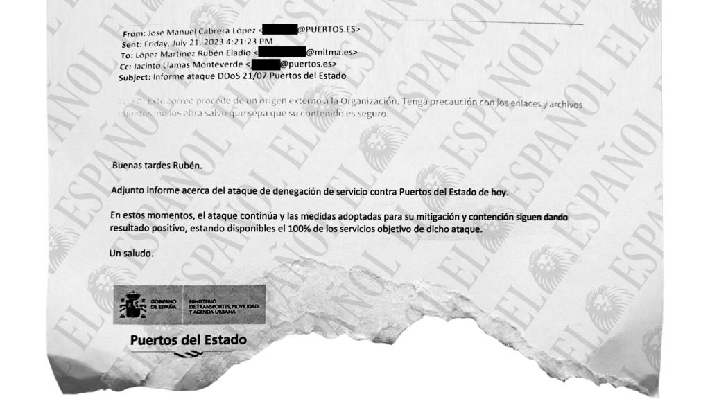 E-mail de José Manuel Cabrera (Jefe de Departamento de Ciberseguridad de Puertos del Estado) a Rubén Eladio López