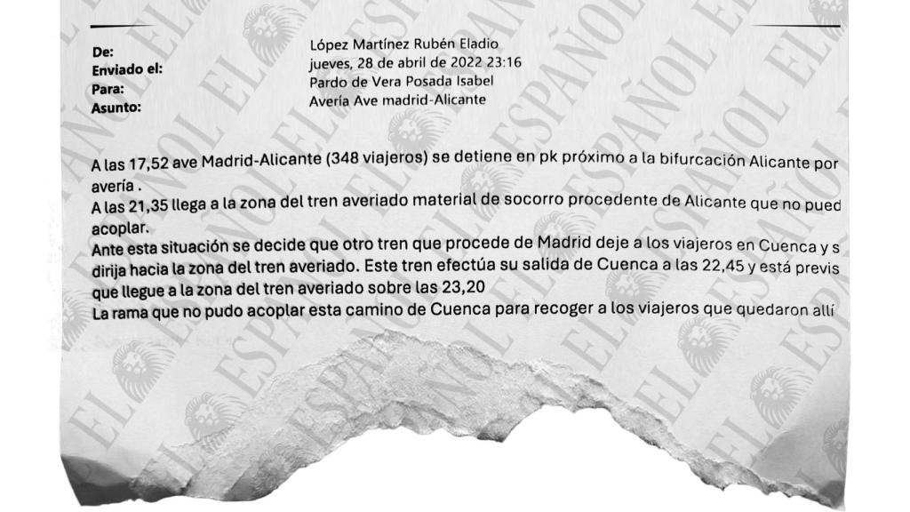 E-mail de Rubén Eladio López informando a Isabel Pardo de Vera sobre una incidencia